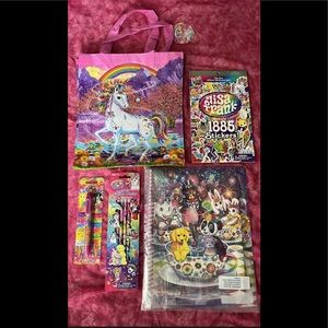 Lisa Frank unicorn tote, teaparty notebook/folder, and 3 more items.